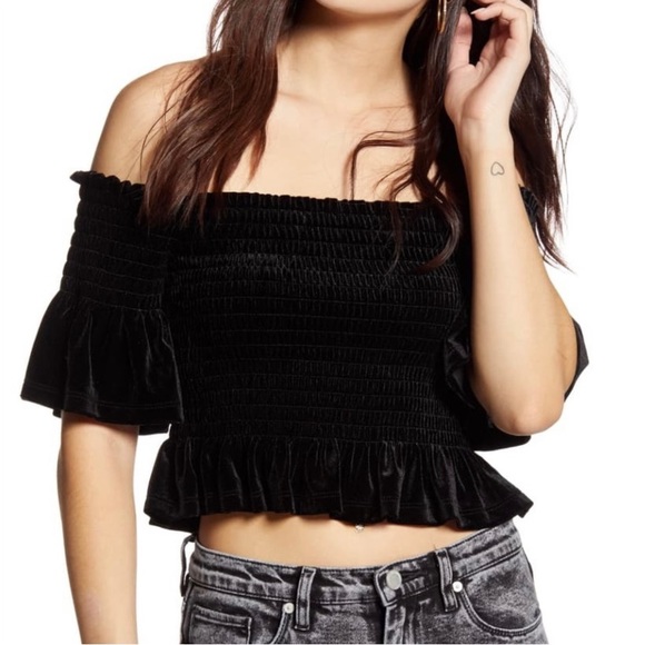 bp Tops - BP- NWOT -Velvet Off The Shoulder Ruffle Crop Top Velour - Size: Medium